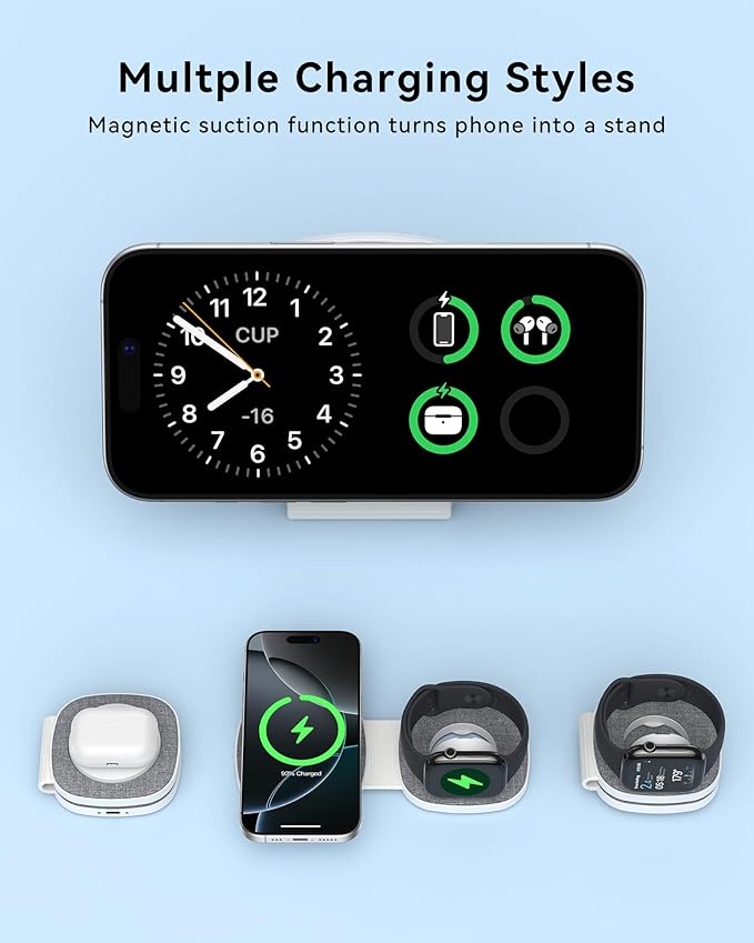 Charging Station for Apple Multiple Devices：2 in 1 Foldable Wireless Charger for Magnetic Wireless Charger Station Travel Charging Pad for Apple iPhone 17 16 15 14 13 12 Series& Apple Watch& Airpods