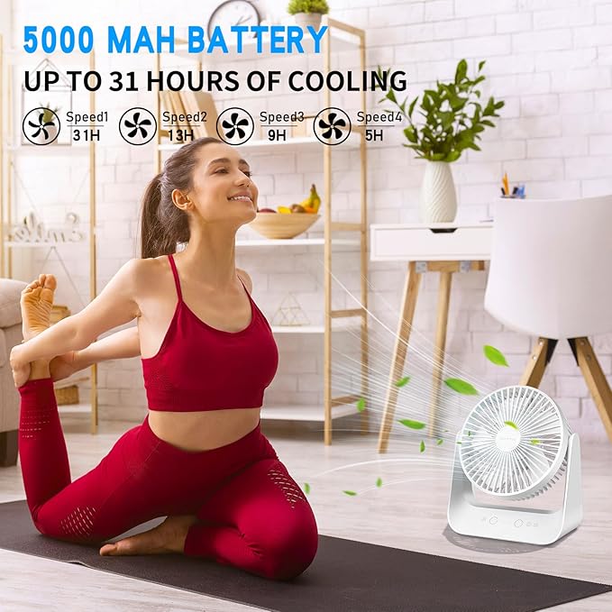 5000mAh Small Desk Fan 6-Inch, Portable Desktop Fan with Intelligent temperature control function,Small Battery Operated USB Fan with Light & Hook for Bedroom, Home, Office, Travel & Cruise