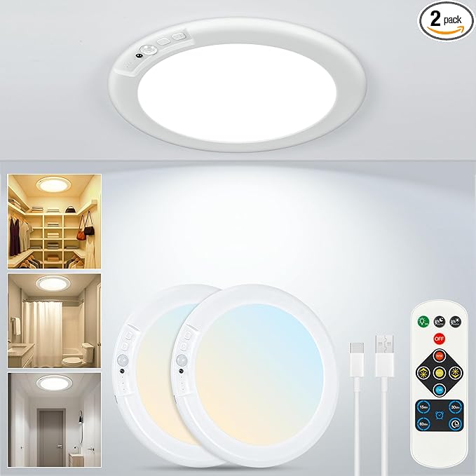 Rechargeable Ceiling Light No Wiring - Motion Sensor Night Light Indoor with Remote, Battery Operated Led Lights for Bedroom Hallway, Living Room, Bathroom, Home & Kitchen Decor Lighting (2)
