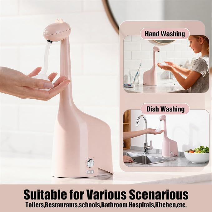 Automatic Soap Dispenser,Cute Dinosaur, Touchless, Rechargeable Foaming Soap Dispenser, 10oz/300ml, 3-Level Adjustable Foam, IPX5 Waterproof for Bathroom, Kitchen, Hotel,Restaurant, Pink