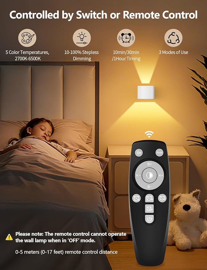 Motion Sensor Wall Lights, Wireless Rechargeable Wall Sconce with Remote Control, 10-100% Dimmable 2700-6500K, Adjustable Beam Angle, 3 Modes, 5000mAh White Wall Lamp for Bedroom, Hallway, 2-Pack