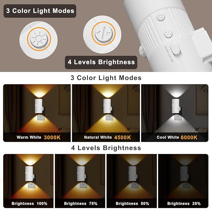easuntec Motion Sensor Light Indoor, Night Lights Plug into Wall, Motion Sensor & Dusk to Dawn Sensor, 3 Light Modes, Dimmable Night Light for Bedroom Bathroom Hallway Kitchen Stairs (White, 2 Pack)