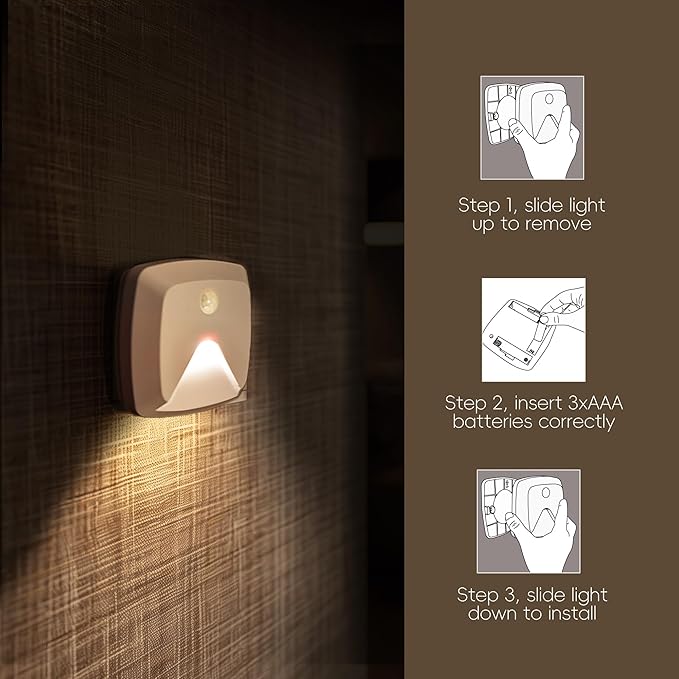innofox 6-Pack Stick-on Motion Sensor Lights, Warm White LED Night Light, Stick-Anywhere Stair Lights, Closet Light, Battery Operated Wall Light for Kitchen, Hallway, Bedroom, Bathroom, Stairs