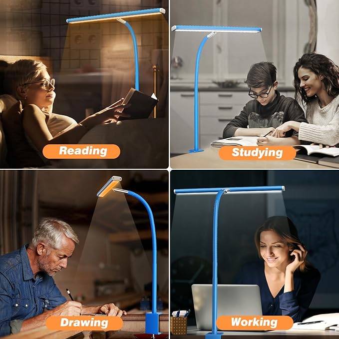 Airlonv LED Desk Lamp for Office Home, Eye-Caring Desk Light with Stepless Dimming Adjustable Flexible Gooseneck, 10W USB Adapter Desk Lamp with Clamp for Reading, Study, Workbench (Blue)