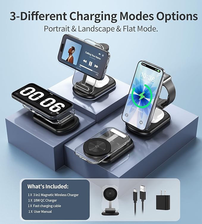 3 in 1 Magnetic Wireless Charging Station for Apple Devices, Fast Foldable Travel Mag-Safe Charger Stand with Night Light for iPhone 17 16 15 14 13 12 Series, Apple Watch/AirPods Pro-Gift for Friends
