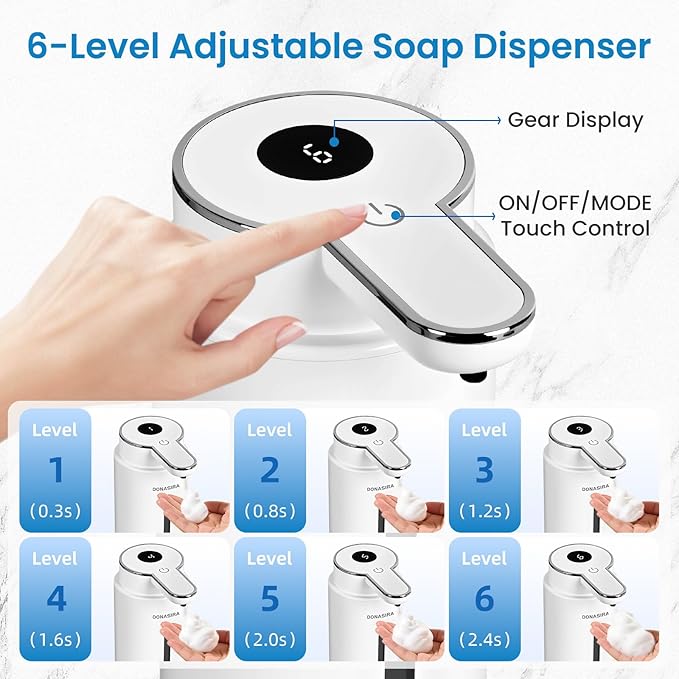 Automatic Foaming Soap Dispenser Touchless, 15oz/420ml USB-C Rechargeable Hand Soap Dispenser, 6-Level Adjustable Foam, IPX5 Waterproof, Wall Mount or Countertop for Bathroom Kitchen, White