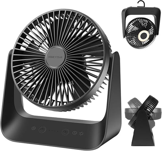 5000mAh Small Desk Fan 6-Inch, Portable Desktop Fan with Intelligent temperature control function,Small Battery Operated USB Fan with Light & Hook for Bedroom, Home, Office, Travel & Cruise