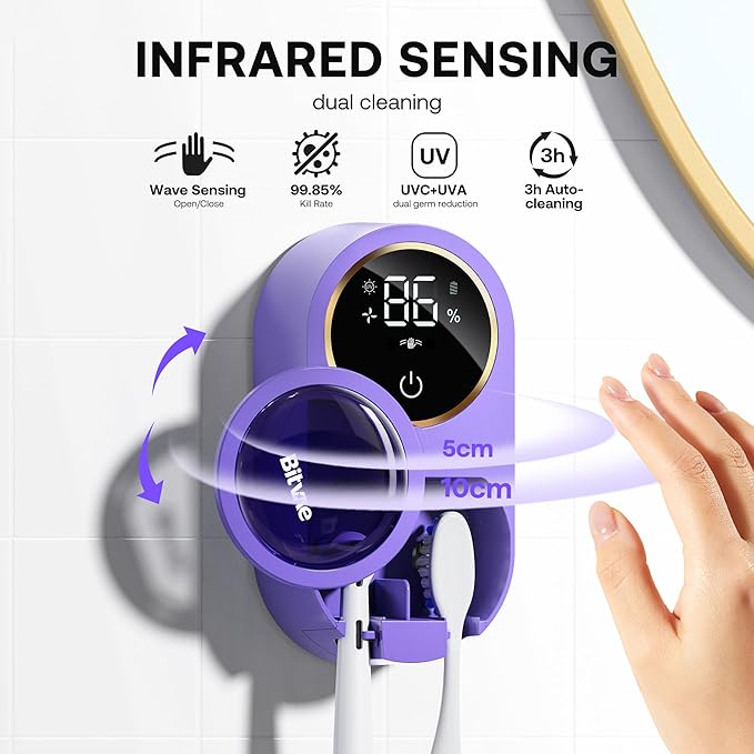 Bitvae Tooth Brush Holder for Bathroom, Infrared Sensing Toothbrush Cleaner, Wall-Mounted for Any Size Toothbrushes, Air Drying, LED Smart Screen, Purple