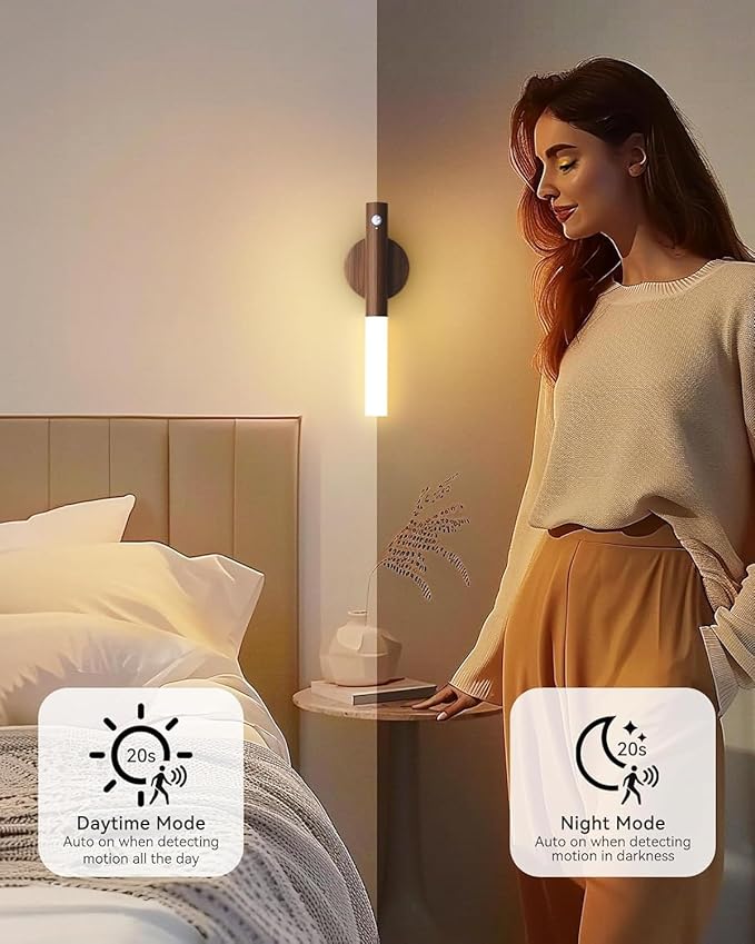 Battery-Operated Motion Sensor Night Lights: 2200mAh Rechargeable Wall Sconces Magnetic Wall Lights Wireless Stairway Lights Portable Hallway Light Wooden Wall Lighting for Bedroom Stair Picture