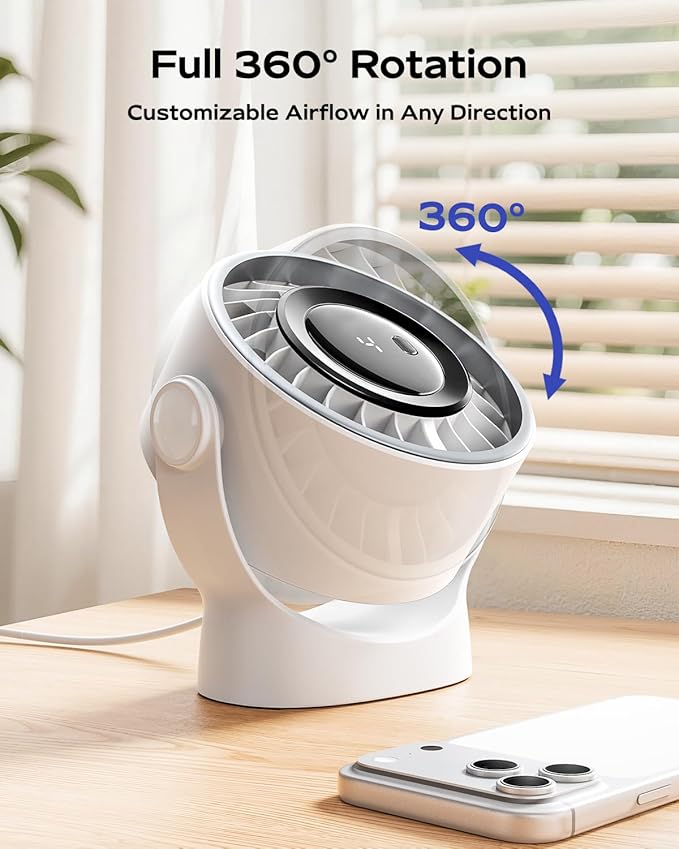 SWEETFULL USB Small Desk Fan - 5 Inch Mini Personal Desktop Fan, 4 Speeds Cooling Strong Airflow, 360° Adjustable Tilt, Quiet Portable Table Fans for Bedroom, Home, Office, Travel & Cruise, White