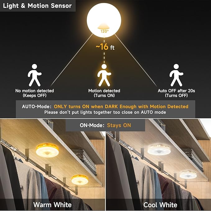 Improved LED Rechargeable Motion Sensor Light Indoor, Bright & Long-Lasting Battery, Stick-On Motion Sensor Puck Night Lights for Closet, Cabinet, Kitchen, Hallway, Stairs - Warm 2Pack