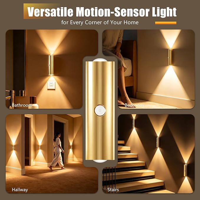 2 Pack Motion Sensor Wall Light, Rechargeable Wall Sconces Battery Operated with 3 Colors & Dimmable, Magnetic Wireless Wall Sconces for Stair Bedroom Hallway Bathroom (Gold)