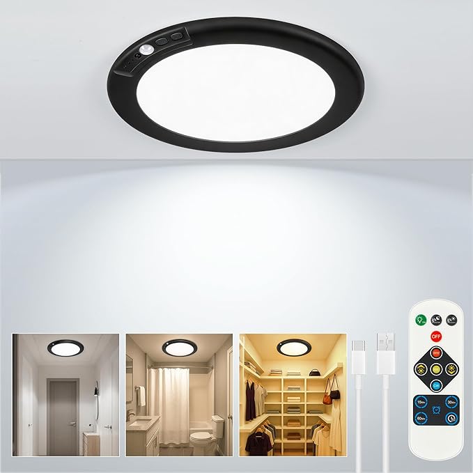 Wireless Closet Lights Motion Sensor - Black Rechargeable Ceiling Light Night Light Indoor, Battery Operated Led Lights for Bedroom with Remote, Living Room Bathroom Home & Kitchen Decor Lighting