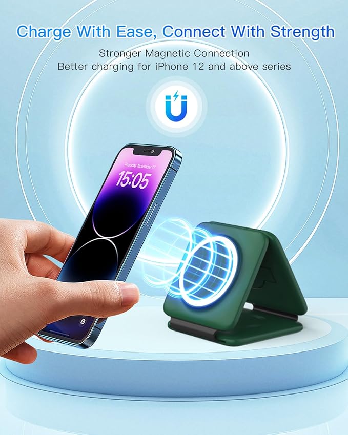 Iseyyox 3 in 1 Wireless Charger for iPhone - Foldable Charging Station Travel Charging Dock Compatible with iPhone 17 16 15 14 13 12 Pro Max Plus Watch & Airpods