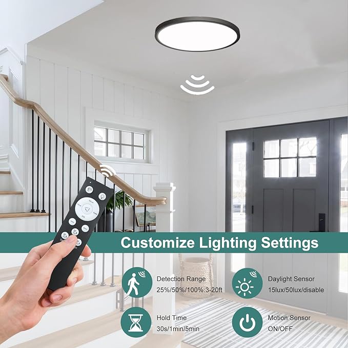2 Pack Motion Sensor Ceiling Light with Remote,24w Flush Mount Light Fixture Round,Motion Sensor Light Indoor Wired for Hallway Porch Laundry Garage Basement,Motion Light 3000k/4000k/6000k Black