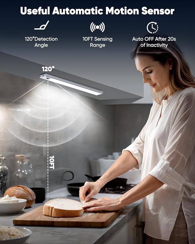 12'' Under Cabinet Lights, 2500mAh LED Battery Operated Rechargeable Motion Sensor Lights Indoor, Magnetic Dimmable Closet Light, Wireless Under Counter Cupboard Night Light for Kitchen, Stair, 3 Pack