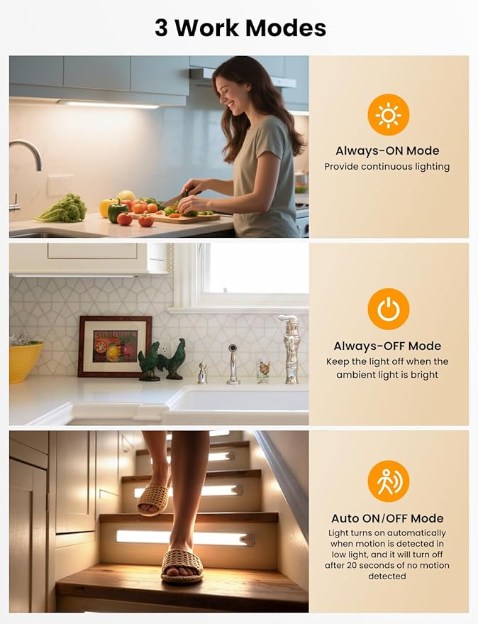 16 Inch Under Cabinet Lights, LED Rechargeable Magnetic Motion Sensor Light Indoor, Brightness Dimmable 6500K Stepless Dimming Closet Light, for Under Counter, Kitchen, Stairs, Closet, 2 Packs