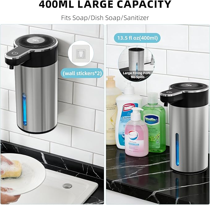 Touchless Automatic Liquid Soap Dispenser for Kitchen, Rechargeable, 13.5oz Large Capacity, Fast Sensor, 4 Adjustable Liquid Levels, Waterproof, Clog-Free Pump(Stainless Steel Liquid)