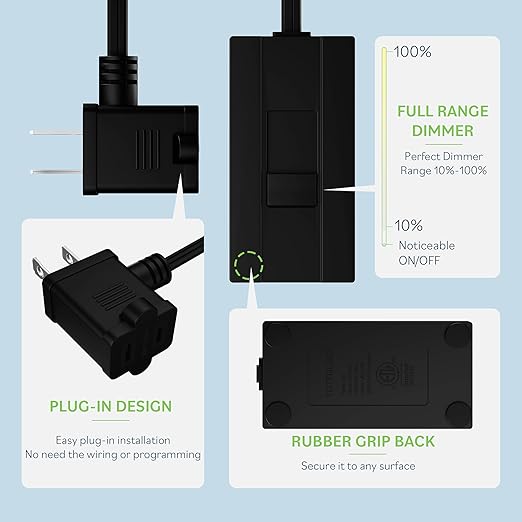 TOPGREENER Table-Top Plug in Dimmer for Table or Floor Lamps, Slide Control, Works with 360 Watt Incandescent/Halogen and 150 Watt Dimmable CFL/LED, Off at Lowest dim, 6ft Cord, TGTTDL300-BK, Black