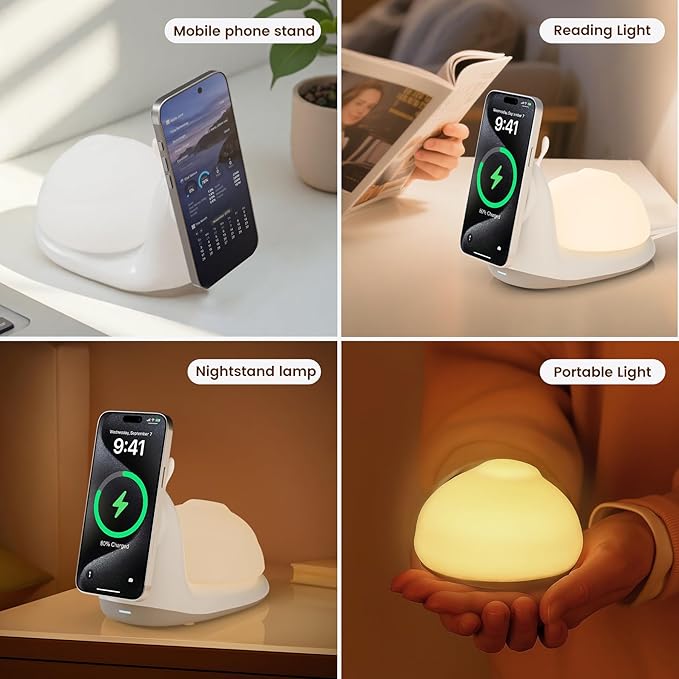 Magnetic Wireless Charger Stand for iPhone: 15W Fast Charging Desk with Night Light for Kids Mag Safe iPhone 17 16e 16 15 14 13 12 Pro Max - Cute Touch Lamp for Nightstand & Bedroom & Breastfeeding