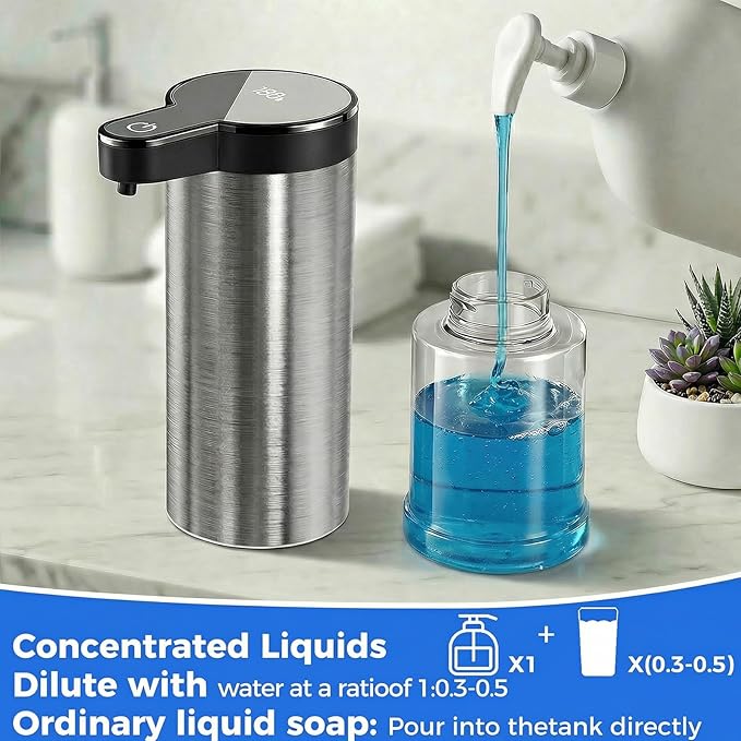 Automatic Liquid Soap Dispenser Touchless, Stainless Steel Hand Soap Dispenser, USB Rechargeable, 4 Adjustable Levels, 11.8oz/350ml for Kitchen and Bathroom (Stainless Steel Black, Liquid)