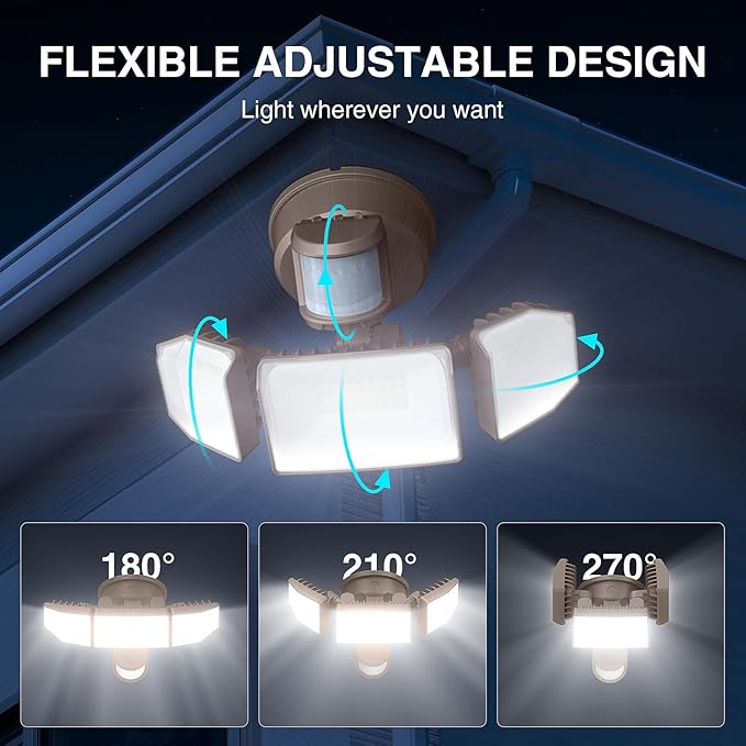 Abovizo 85W LED Security Lights Motion Sensor Light Outdoor, 8500LM Dusk to Dawn, IP65 Waterproof, 6500K, 3 Head Motion Detected Flood Light, Floodlight for Outside, Garage, Yard, Porch (Brown)