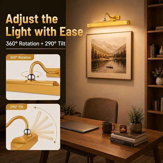 TANBABY 6000mAh Rechargeable LED Picture Lights with Motion Sensor, 3 Color Temps & 5 Levels Brightness Art Light, Cordless Remote Control Magnetic Wall Light for Hallway, Living Room(Gold-2Pack)
