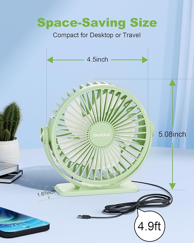 TriPole USB Desk Fan Mini Portable Fan, 3 Speeds Strong Breeze Small Electric Fans, 360° Rotation Quiet Plug In Personal USB Fans for Desktop Bedroom Office Table Travel Cruise, Green, 4.5in