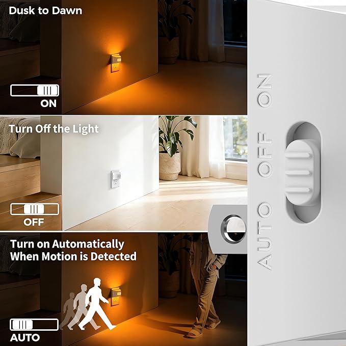 DORESshop LED Night Light[4 Pack], Night Lights Plug into Wall, Dimmable Plug in Night Light with Motion Sensor, Dusk to Dawn Sensor, Nightlights for Adults, Bedroom, Bathroom, Amber, White Cover