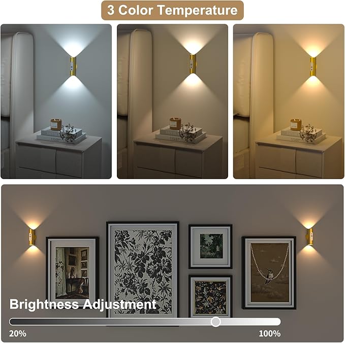 WOBSION Motion Sensor Wall Light with Remote Control, Rechargeable Wireless Wall Sconce, Brightness Adjustable, 3 Color Mode,Indoor Lamp for Hallway, Bedroom,Picture,LED,Gold,2 Pack