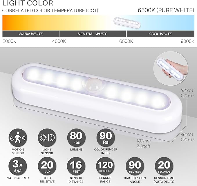 STAR-SPANGLED 3 Pack 7” Motion Sensor Lights Indoor Battery Operated, Stick on LED Light for Closet, Stairs, Under Cabinet, Cool White