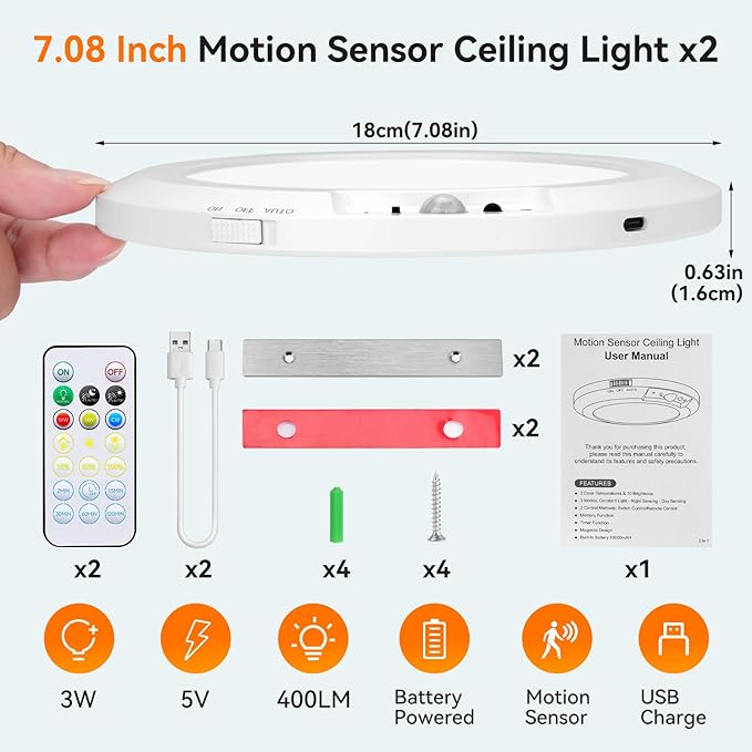Rechargeable Motion Sensor Ceiling Light Indoor Outdoor w/Remote, 7.08 Inch Battery Operated Flush Mount Ceiling Light 3000K 4000K 6000K 400LM Dimmable for Closet Hallway Laundry Stairs (2)