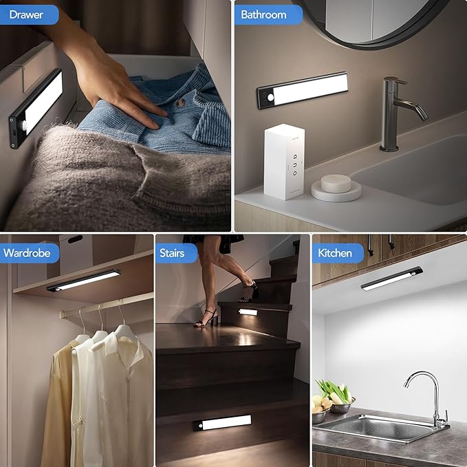 3 Pack Under Cabinet Lights, 32 LED Cold White Rechargeable Under Cabinet Lighting Motion Sensor LED Lights for Kitchen, Counter, Closet, Stairs (Black - Cold White Light, 8.07 Inch - 3 Pack)