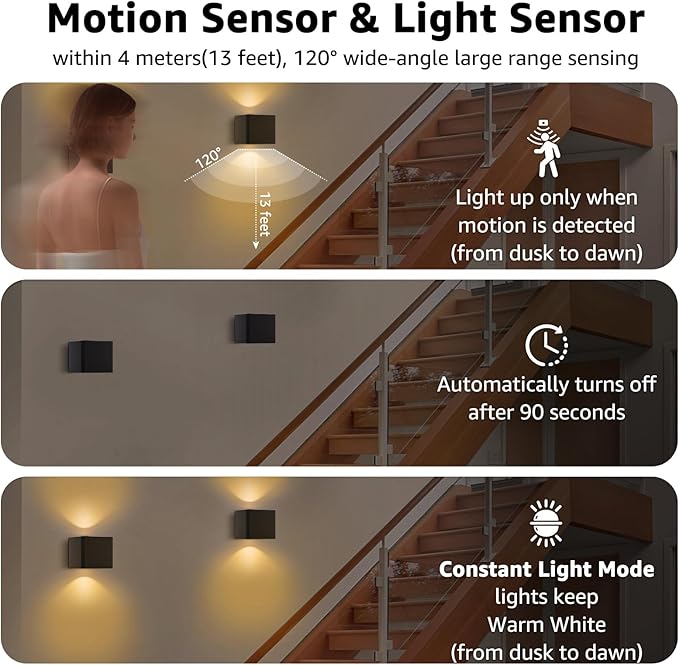 uuffoo Motion Sensor LED Outdoor Wall Lights Rechargeable Waterproof, Up and Down Wall Sconces Dusk to Dawn Metal No Drill No Wiring Magnetic Exterior for Garage Patio Walkway Porch (2PCS Square)