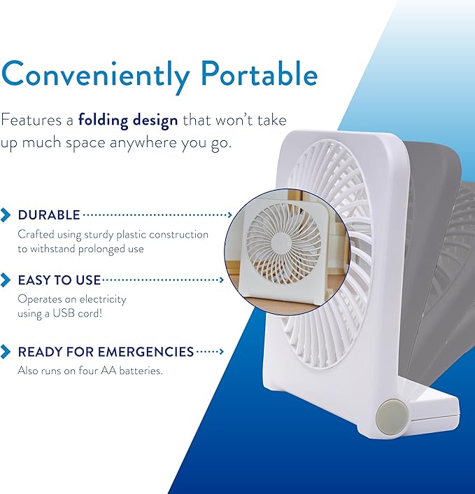 Treva 5-Inch USB and Battery Powered Desk Fan With Two Cooling Speeds and Adjustable Tilt, Small USB Fan Cubicle Accessories Durable and Long Lasting (White)