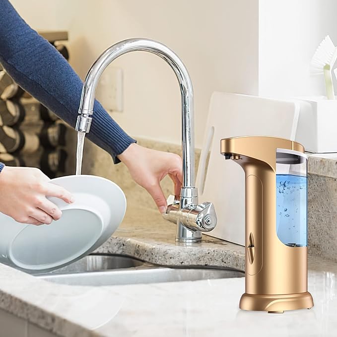 370ml Touch-Free Battery Operated Electric Automatic Liquid Soap Dispenser - Adjustable Soap Dispensing Volume - Premium Soap Dispenser for Kitchen Bathroom Toilet (Golden)