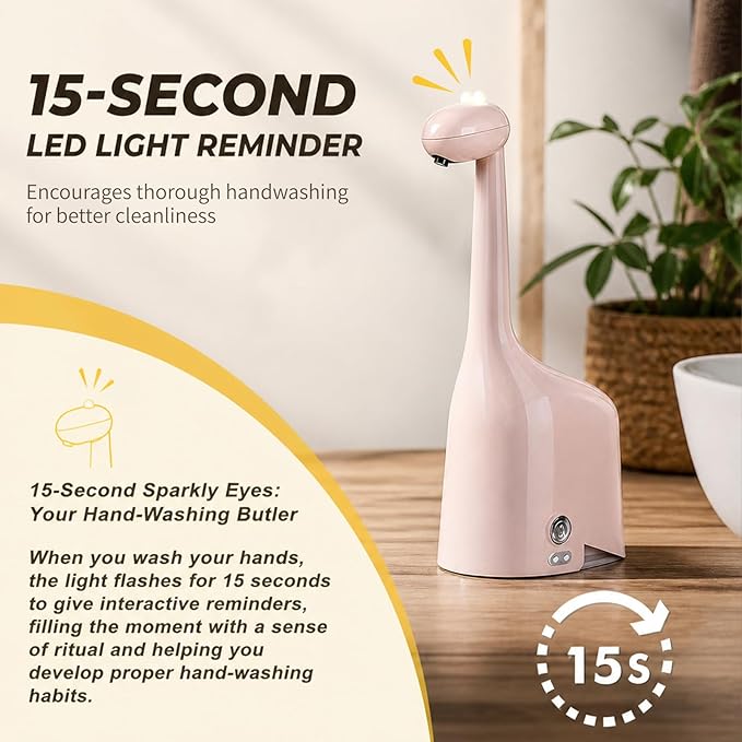 Automatic Soap Dispenser,Cute Dinosaur, Touchless, Rechargeable Foaming Soap Dispenser, 10oz/300ml, 3-Level Adjustable Foam, IPX5 Waterproof for Bathroom, Kitchen, Hotel,Restaurant, Pink
