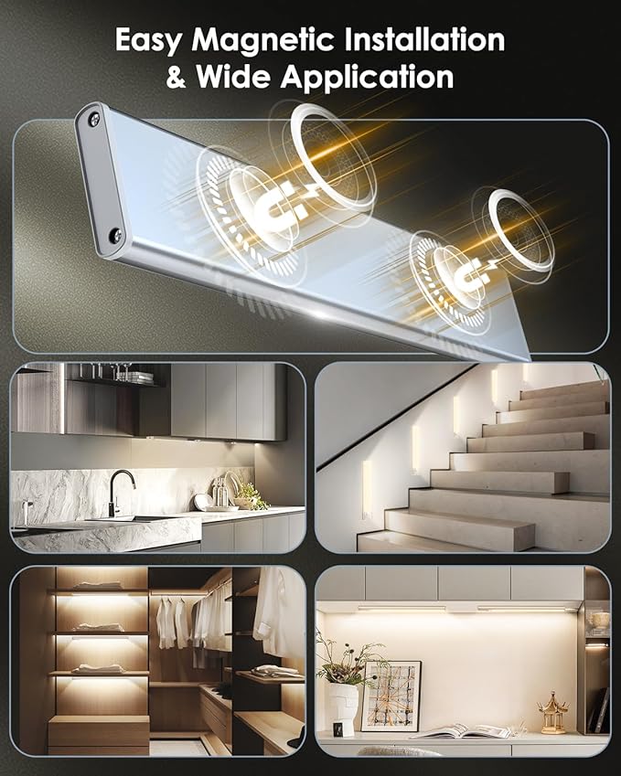 VerRon 10in Under Cabinet Lighting, Upgraded 2200mAh Rechargeable Under Cabinet Lights Wireless, LED Motion Sensor Light Indoor Closet Lights Under-Counter Light Fixtures for Kitchen, Hallway, 2-Pack