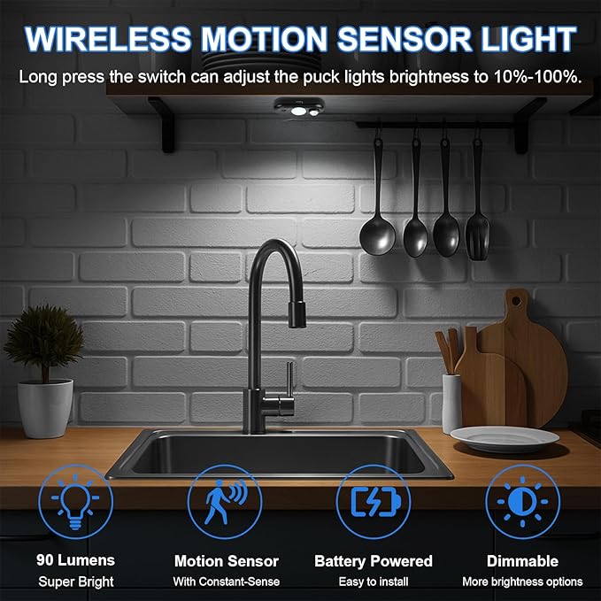 LED Motion Sensor Light Indoor, Black Magnetic Under Cabinet Lighting Daylight White, Dimmable Rechargeable Puck Lights for Closet, Kitchen, Stairs(6 Pack)