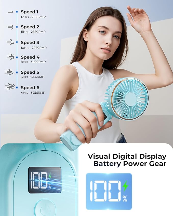 TUNISE Portable Handheld Fan, 4000mAh, 180 Adjustable, 6 Speed Wind, USB Rechargeable Foldable Fan with Real-Time Electricity Display
