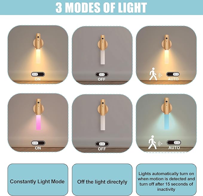 LANDGOO Wireless Wall Sconces Set of 2, RGB Motion Sensor Lights Indoor, Rechargeable LED Night Lights with Wood Design for Bedroom/Closet/Stairs