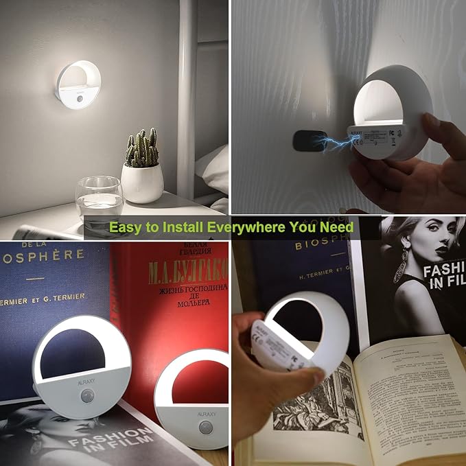 AURAXY Rechargeable Motion Sensor Night Light, Battery Night Lights LED Cool White Magnetic Stick-on Motion Sensored Hallway Light, with Dusk to Dawn Sensor for Stair, Wall, Bedroom, Bathroom(3 Pack)