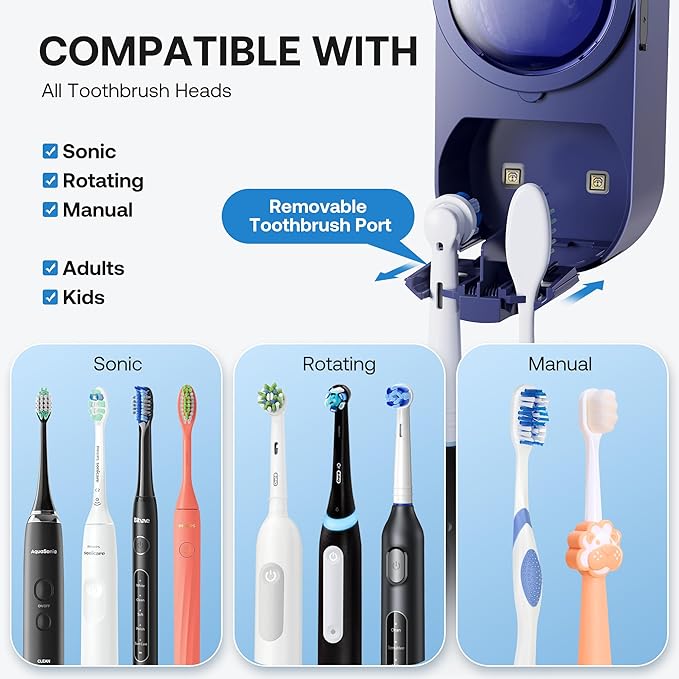 Bitvae Upgraded Tooth Brush Holder for Bathroom 2.0, Infrared Sensing Toothbrush Cleaner, Wall-Mounted for Most Size Toothbrushes, Air Drying, LED Smart Screen, Navy Blue