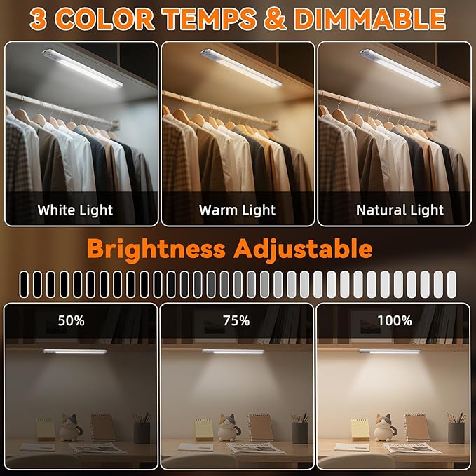 Under Cabinet Lighting Wireless, 15inch Rechargeable Motion Sensor Light Indoor, 3 Color Closet Light Battery Operated with LED Power Display, Magnetic Under Counter Lights for Kitchen, Home (3Pack)
