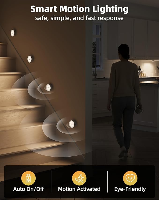 EZVALO 4 Pack Motion Sensor Closet Lights, 1200mAh USB-C Rechargeable LED Puck Lights, Under Cabinet Lights, Night Lights, Dimmable, 3 Color Temps, Magnetic, Stick-On for Closet, Pantry, Stair