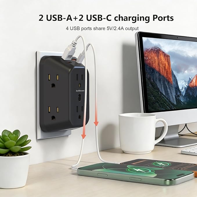 Multi Plug Outlet Surge Protector with Night Light, 6 Outlet Splitter with 4 USB Ports (2 USB C), 4 Sided 1050j Surge Protector Power Strip for Home Office Dorm Essentials-Black