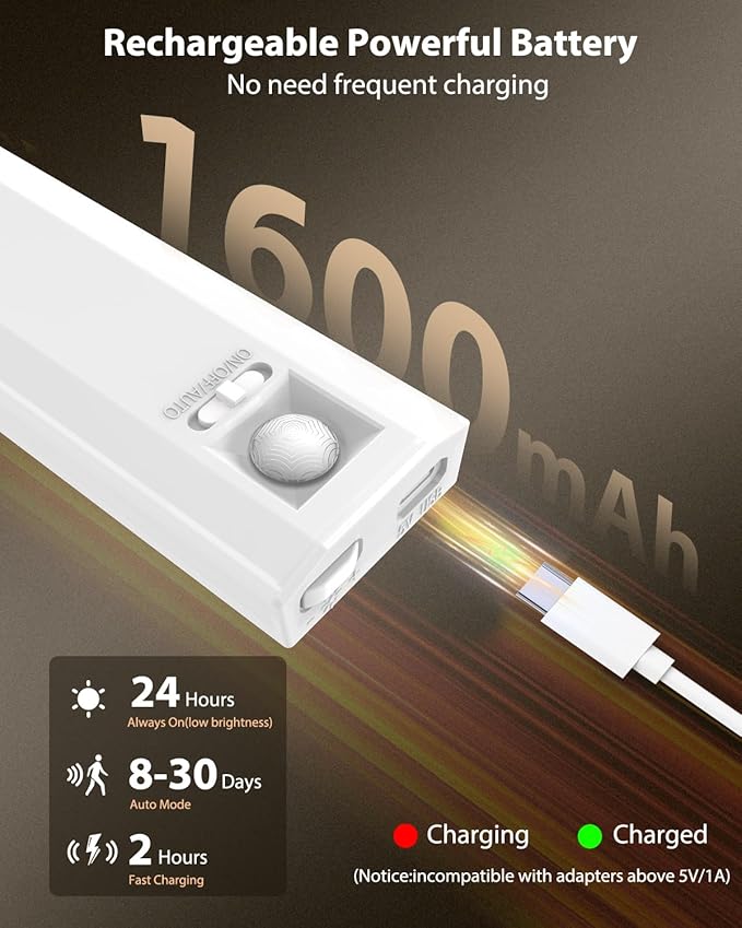 10inch Under Cabinet Lighting, 68 LED 3 Color Rechargeable Motion Sensor Light Indoor, 6 Levels Dimmable Magnetic Closet Lights, Wireless Under Counter Lights for Kitchen, Stairs, Bedroom, 4-Pack