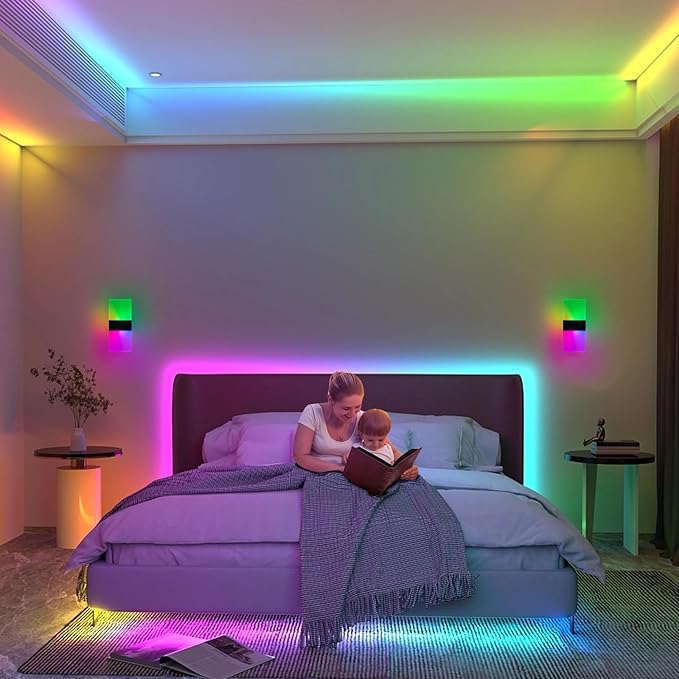 12 Color Changing RGB Wall Sconce, Rechargeable Battery Operated LED Wall Light, Remote Dimmable Magnetic Night Light for Bedroom Hallway Stairway Decor