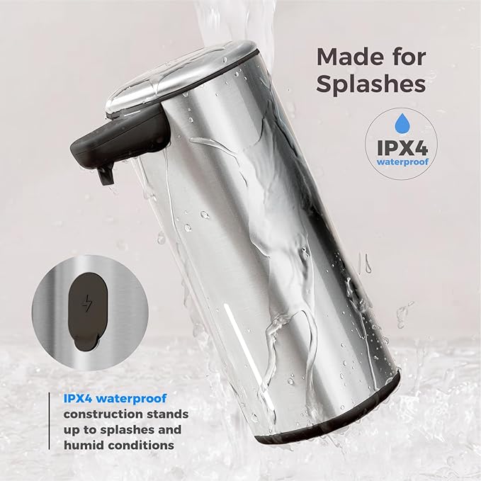 Sineng Automatic Soap Dispenser Touchless, 304 Stainless Steel Liquid Hand Soap Dispenser, 8.5oz/250ml 2 Adjustable Levels Water-Resistant and Rechargeable Kitchen Bathroom Soap Dispenser