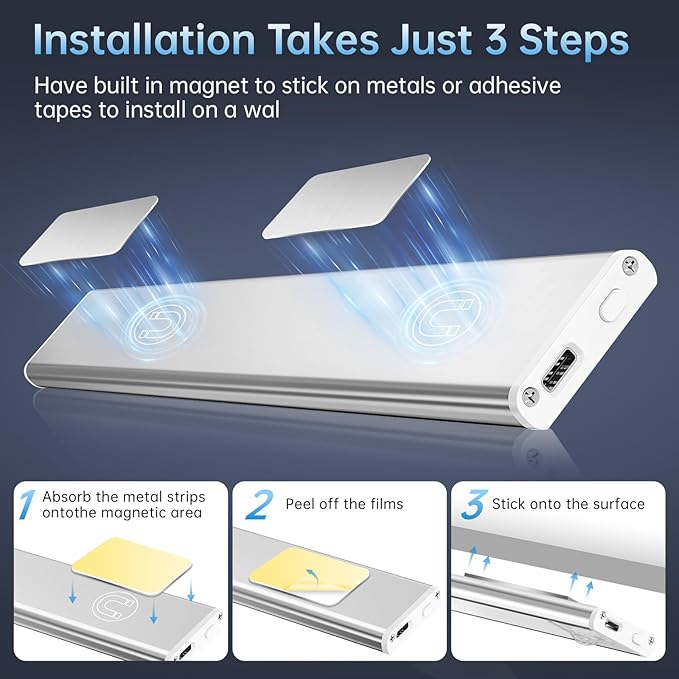 Under Cabinet Lighting,54 LED 1800mAh Rechargeable,Motion Sensor Light,3 Colors Dimmable,Magnetic Closet Lights,Indoor Night Lights for Kitchen Bedroom Stairs 5 Pack